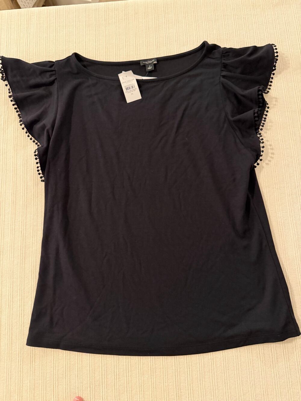 Ann Taylor Factory Black Flutter Sleeve Pom Pom Top M Sample